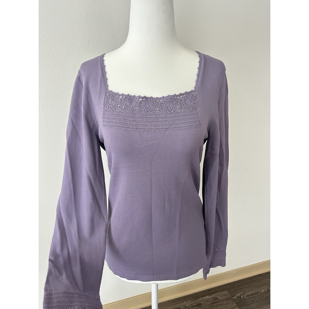 Casual Corner Lavender Crochet Trim Square Neck Blouse